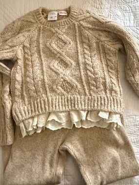 Zara Beige Cable Knit Sweater with Cream Lace Hem